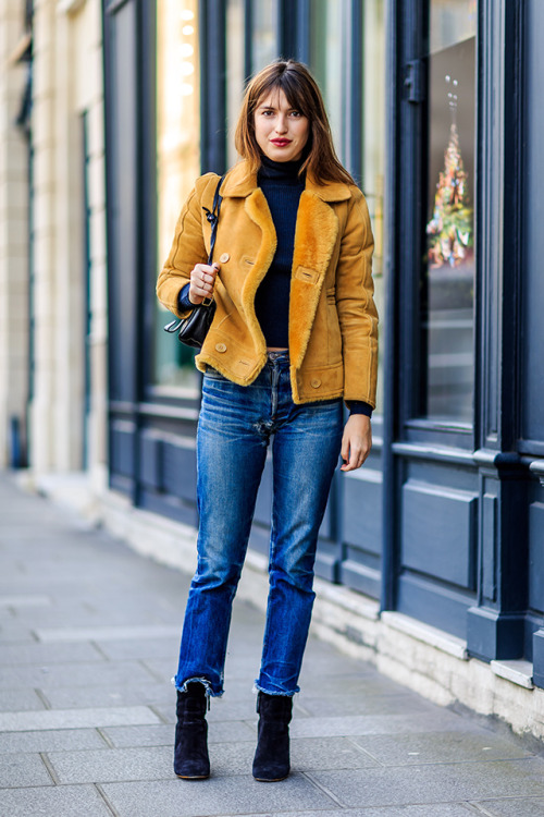 AUTUMN WINTER 2015-2016, AW 15-16, crop jeans, denim, FALL WINTER 2015-2016, fashion week, full length, fur, fur jacket, FW, FW 15-16, jeanne damas, jeans, orange jacket, PARIS, PFW, roll neck sweater, sheepskin jacket, street style, turtleneck sweater, vertical, woman