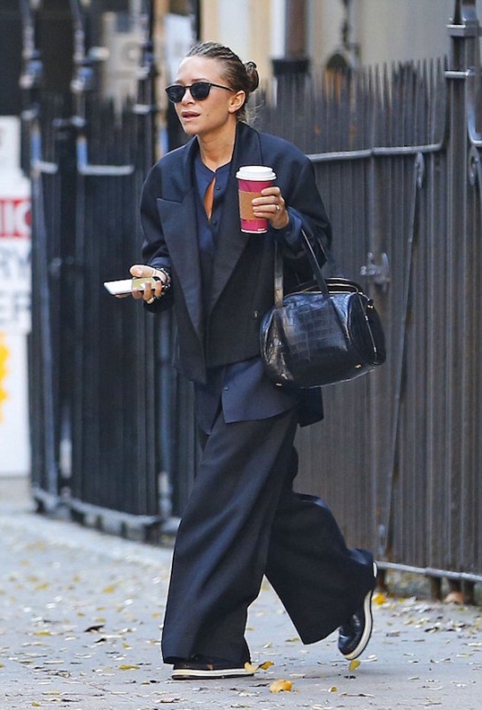 Olsens-Anonymous-Fashion-Blog-Mary-Kate-Olsen-Twins-Satin-Blazer-The-Row-Croc-Bag-Button-Down-Shirt-Wide-Leg-Pants-Flatform-Shoes