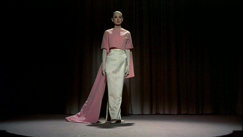 funny face audrey hepburn cream pink silk sheath dress cape 50s vintage clothing