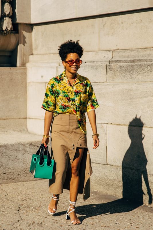 Style-pair-lace-up-sandals-tropical-shirt-midi-skirt