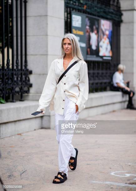 NEW YORK, NY - SEPTEMBER 07: Sarah Harris wearing white pants, Chanel sandals is seen outside Tory Burch during New York Fashion Week Spring/Summer 2019 on September 7, 2018 in New York City. (Photo by Christian Vierig/Getty Images)